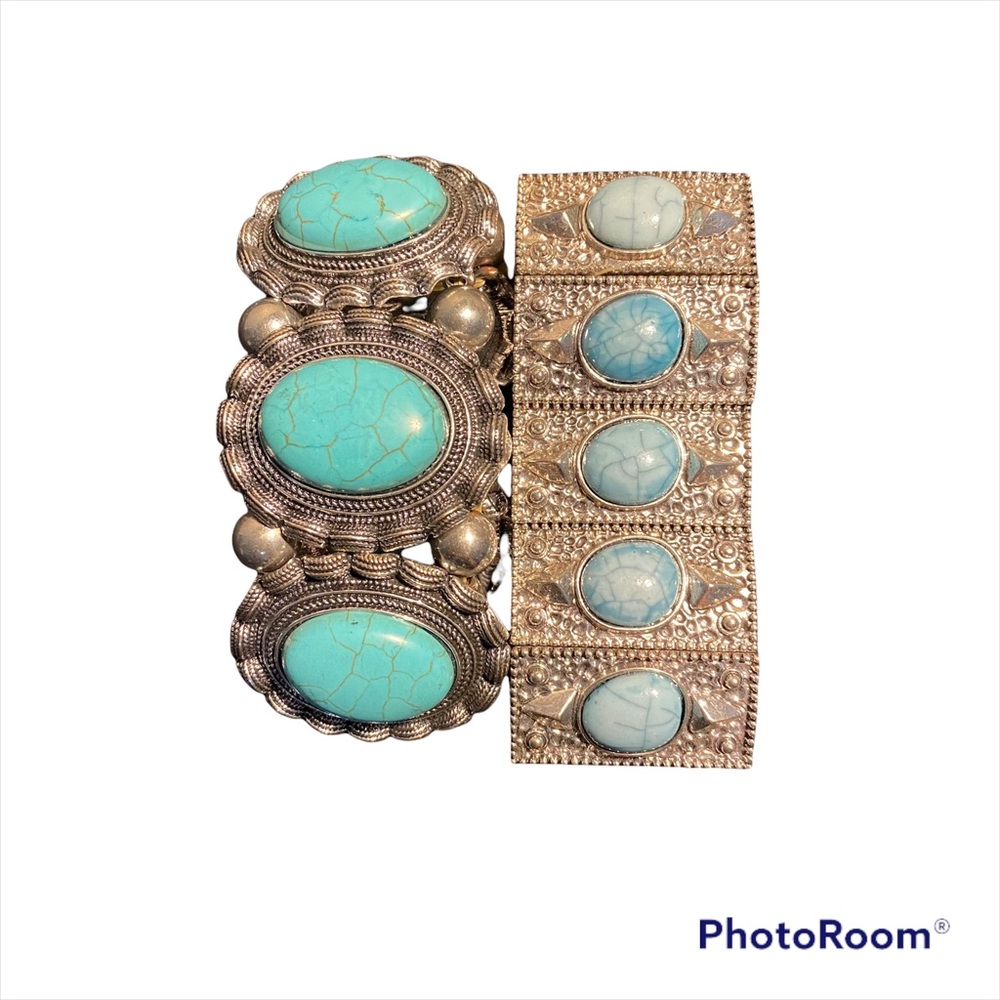 2 Silver Turquoise Style Stretch Bracelets